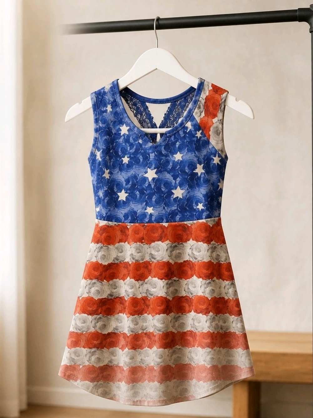 Bonnie Jean Blue, Red & White Floral Stars Patriotic Girls Dress